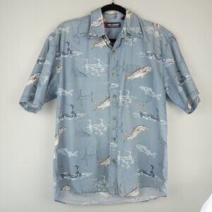 Reel Legends Light Blue Fish Short Sleeve‎ Button Up Shirt Size Medium
